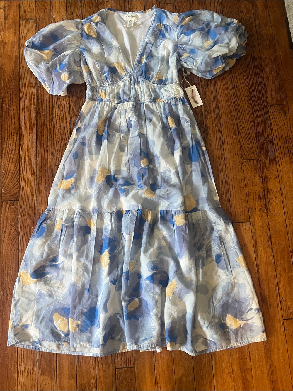 Jessica Simpson Blue, Light Blue & Gold Floral Puff-Sleeve Midi Dress